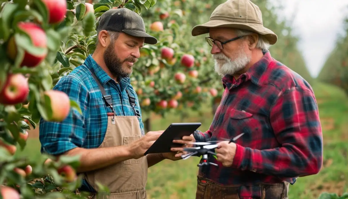 A diverse apple farmer using multiple technological tools in an orchard, including a tablet, soil sensors, and a nearby drone