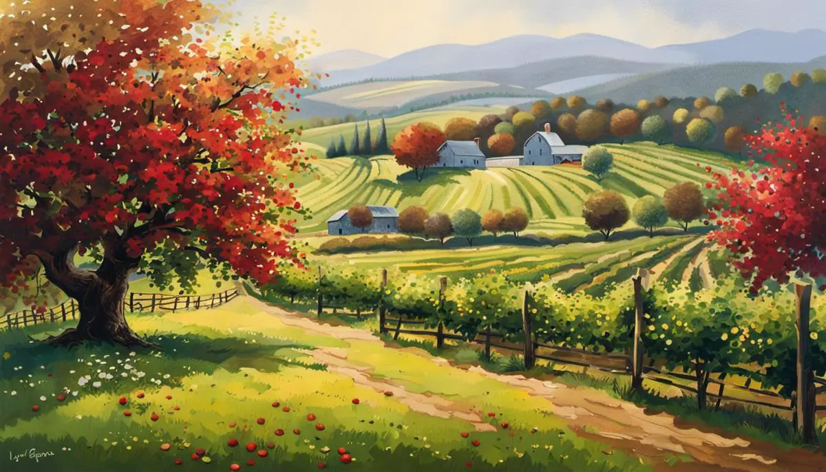 A peaceful farm scene from Ten Apple Farm, showcasing lush apple trees laden with ripe fruits.