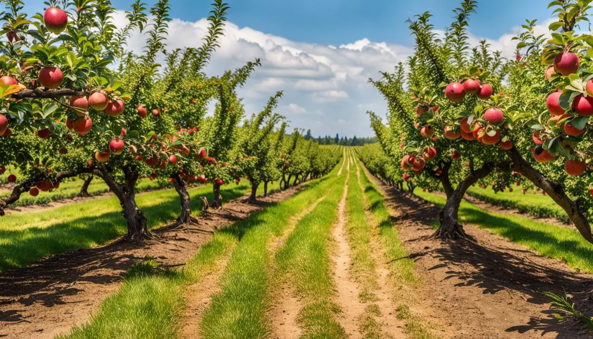 A picturesque view of Thompson Apple Orchard with rows of apple trees during harvest season