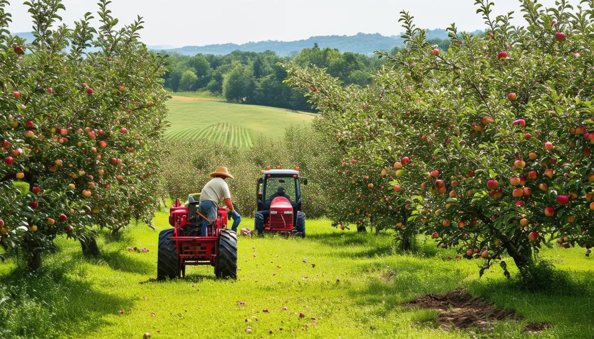 A lush apple orchard with farmers tending to trees and modern agricultural equipment in use