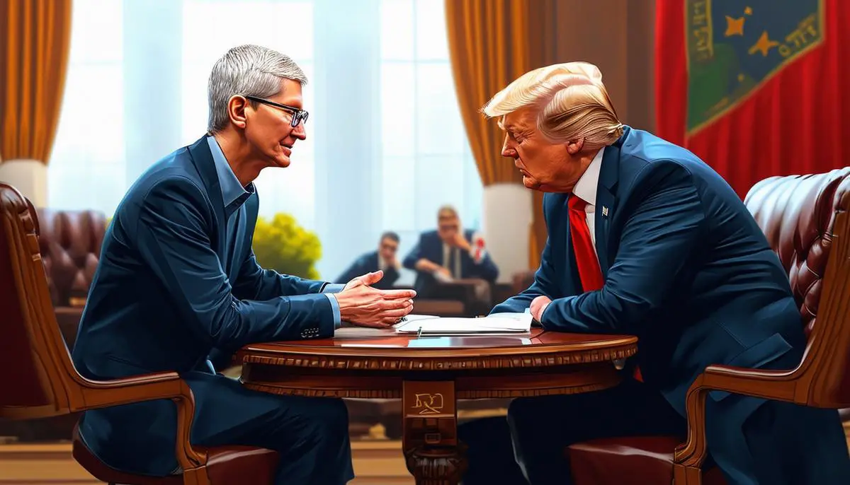 Tim Cook and Donald Trump in a meeting discussing trade issues