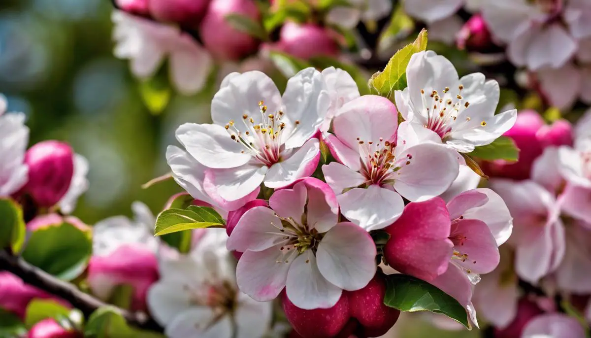 A close-up image of a blooming apple tree with vibrant pink and white flowers.