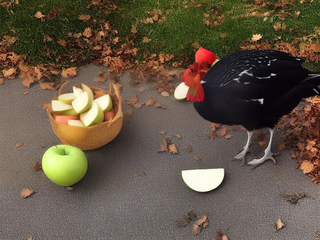 A picture of a turkey happily eating sliced apples on the ground.