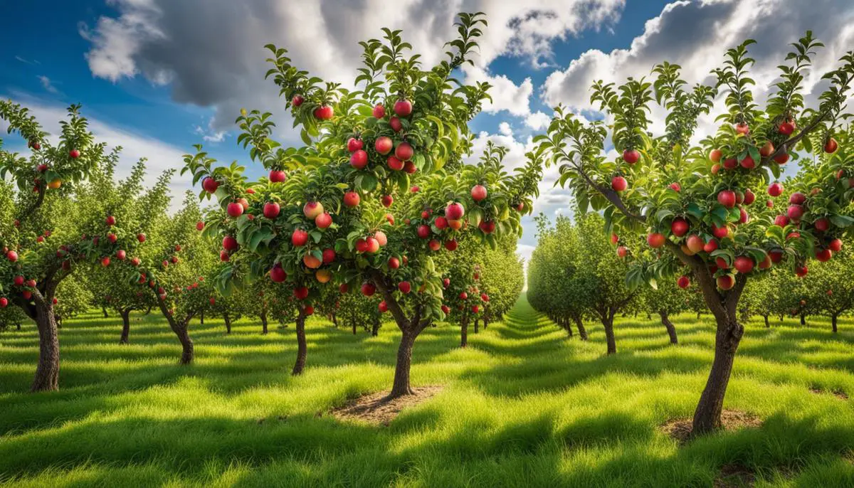 An image showing a healthy apple orchard with green trees and ripe apples.