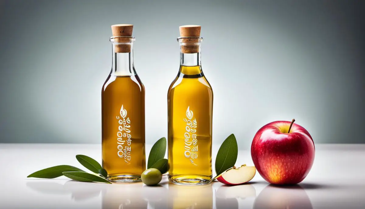 A bottle of apple cider vinegar and olive oil side by side, representing the topic