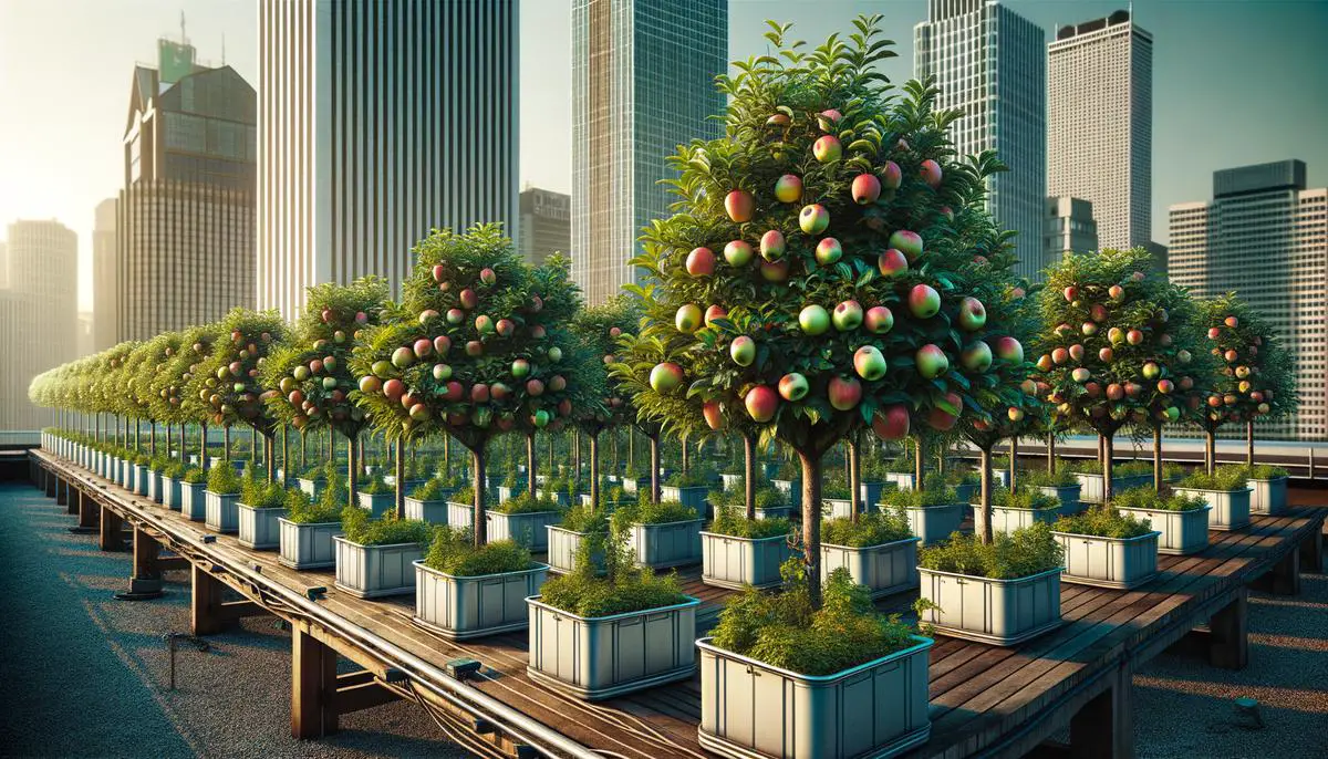 A thriving apple orchard on a city rooftop with skyscrapers in the background