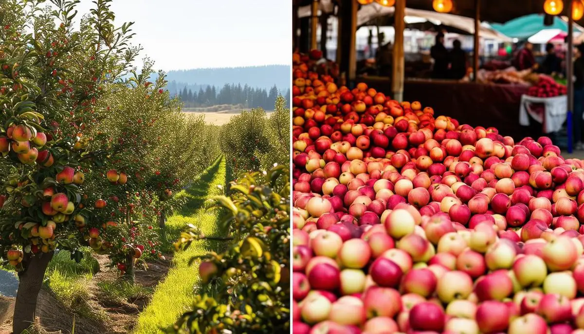 A split image showing Washington state apple orchards and Indian market stalls with apples