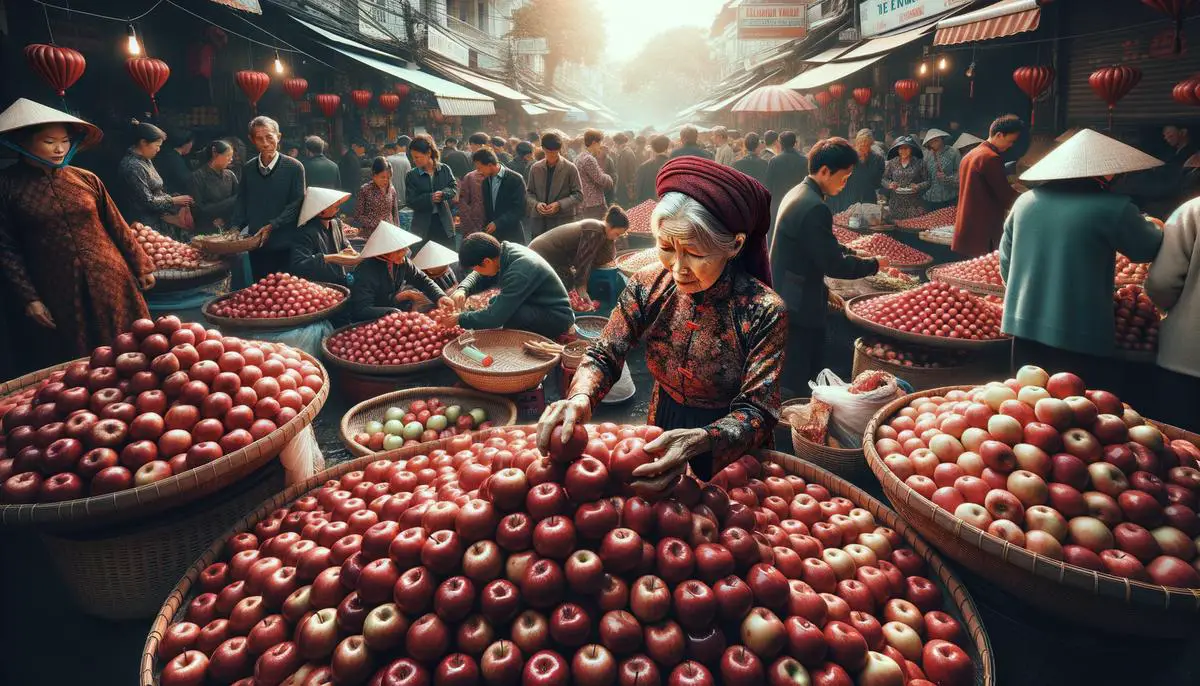 Photo of a bustling Vietnamese outdoor market stall displaying crates overflowing with shiny red apples imported from China. An elderly Vietnamese woman vendor is arranging the apples.