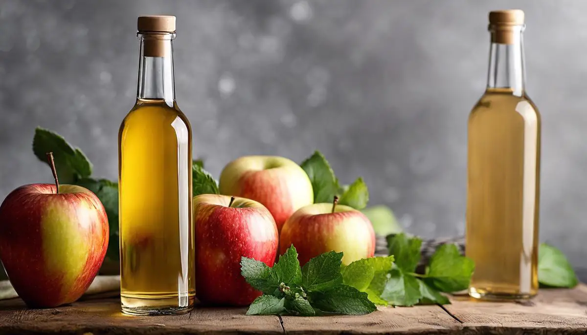 A bottle of white wine vinegar sitting next to a bottle of apple cider vinegar.