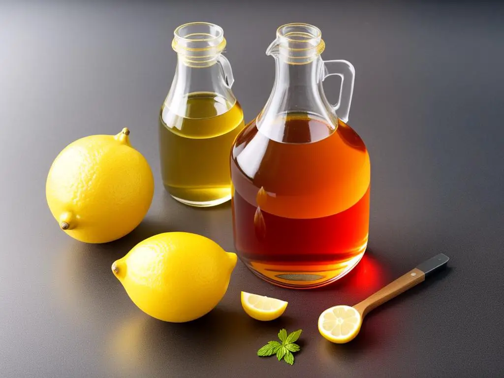 A close-up image of a bottle of vinegar and some lemons, representing the process of adjusting the pH in vinegar production.