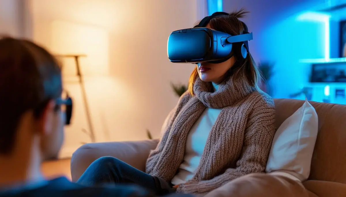 Person wearing a VR headset engaged in a virtual therapy session