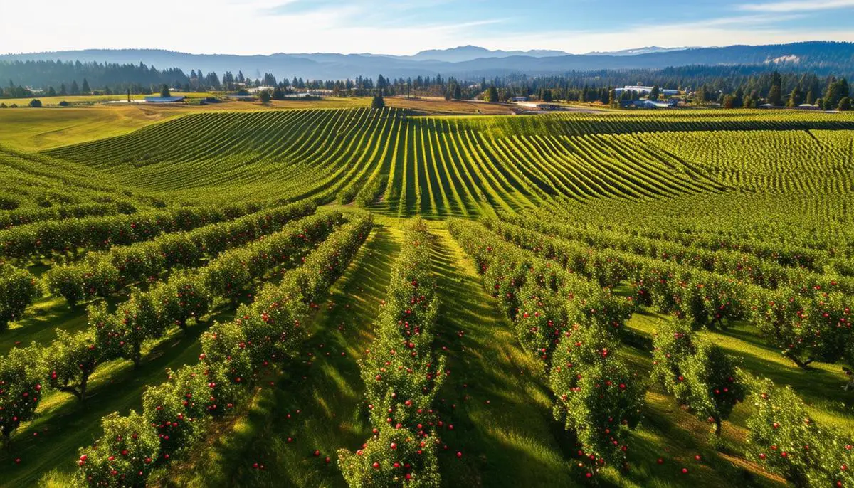 Aerial view of a vast Washington State apple orchard with rows of trees laden with ripe apples