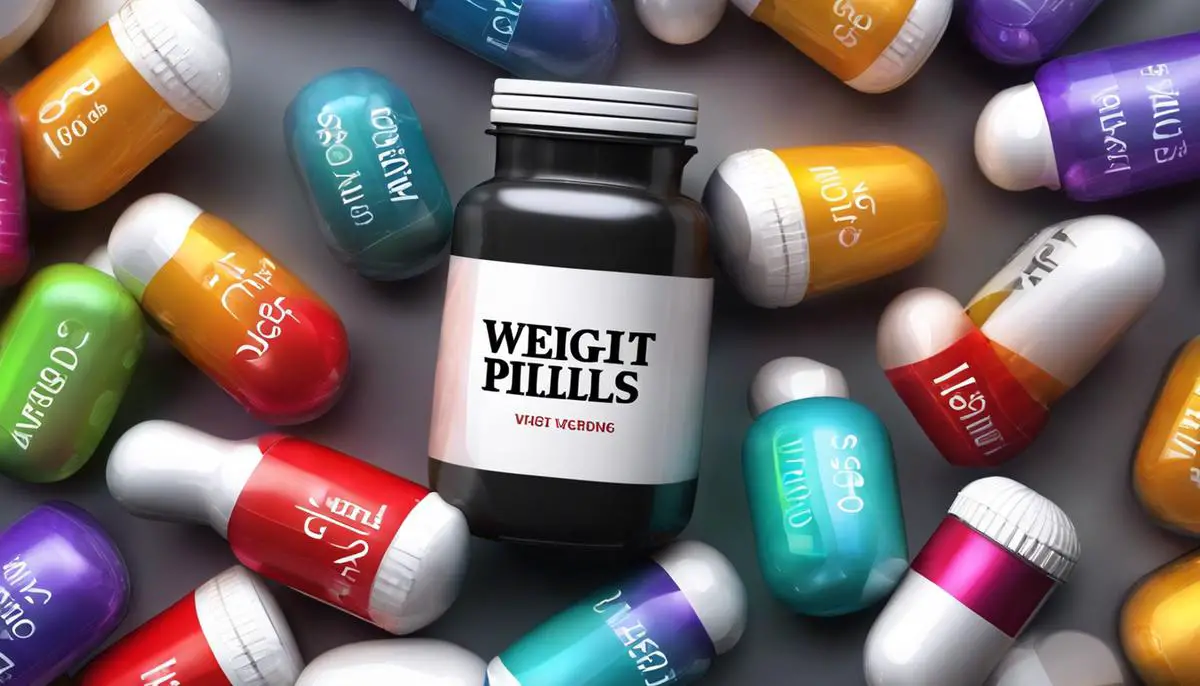 A bottle of weight loss pills with the text 'weight loss pills' written on it, representing the topic of the text