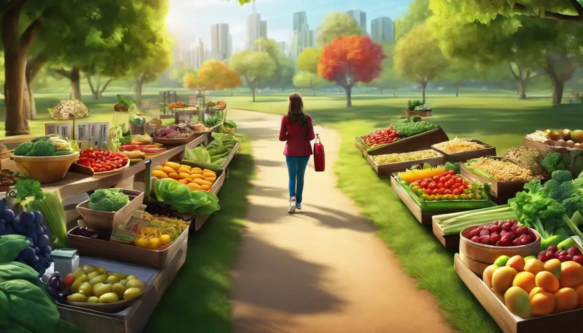 A variety of healthy food items and a person taking a walk in a park