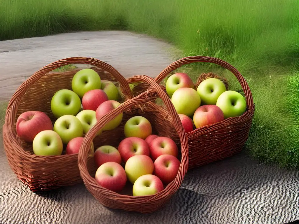 A basket full of red and green apples sits on a rustic wooden table in front of a scenic orchard landscape.