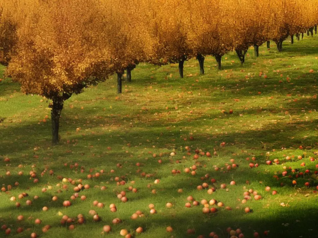 Picture of apple orchard trees in the fall with a box of freshly picked apples on the ground