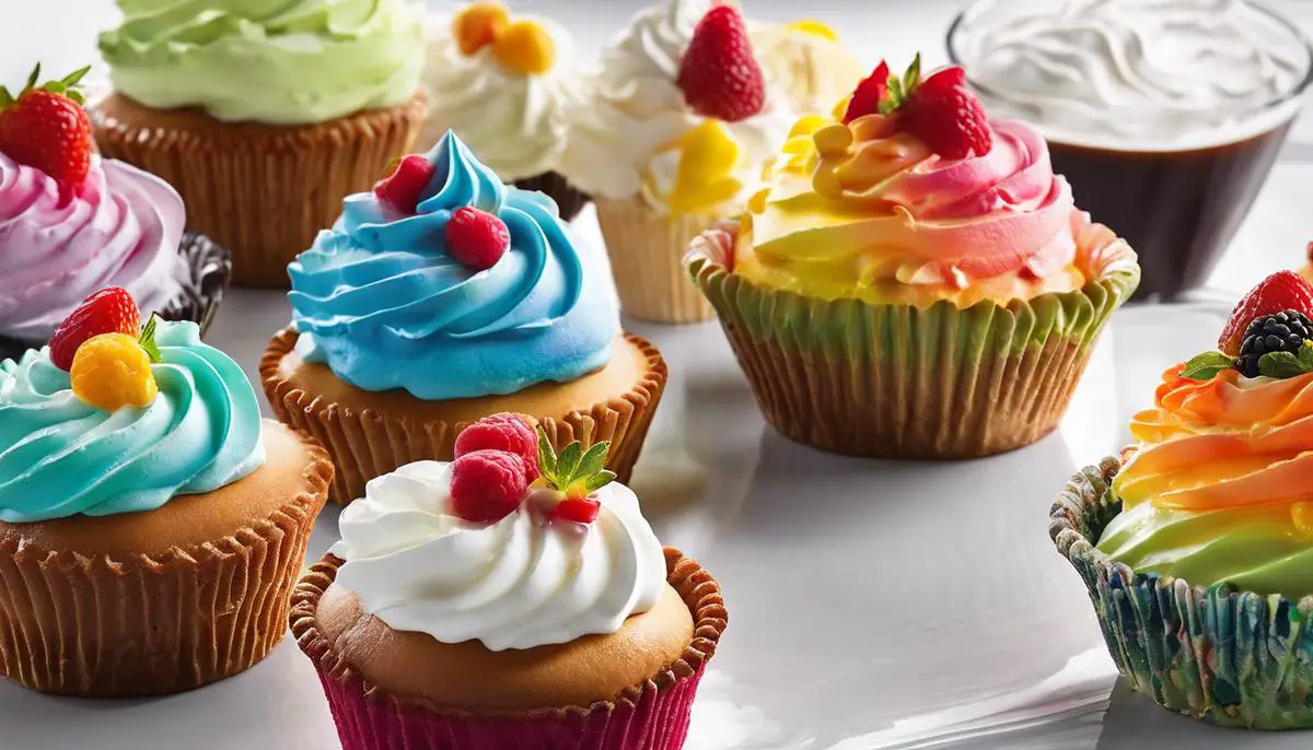 Different flavors of whipped cream displayed in vibrant colors and varying dollop sizes