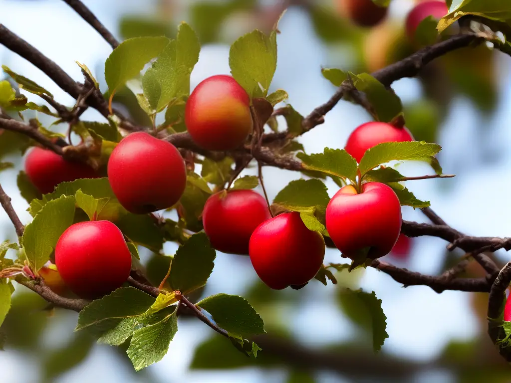 A close-up of a branch of Whitney crab apples growing on a tree.