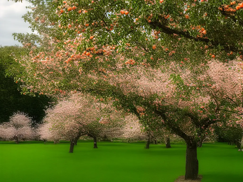 An image showing a branch of Whitney crab apple trees with pinkish-white flowers and small yellow fruits flushed with red or orange, growing in a lush green garden.