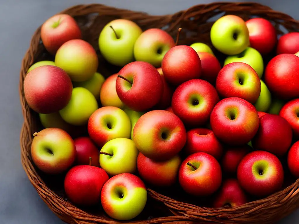 A basket of Wild Twist apples with a deep, dark red blush on their skin, indicating their high antioxidant content.