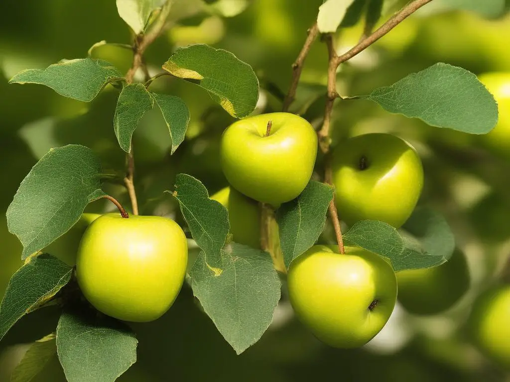 A close-up photograph of a Wild Twist apple showing its vibrant yellow-green skin streaked with red.