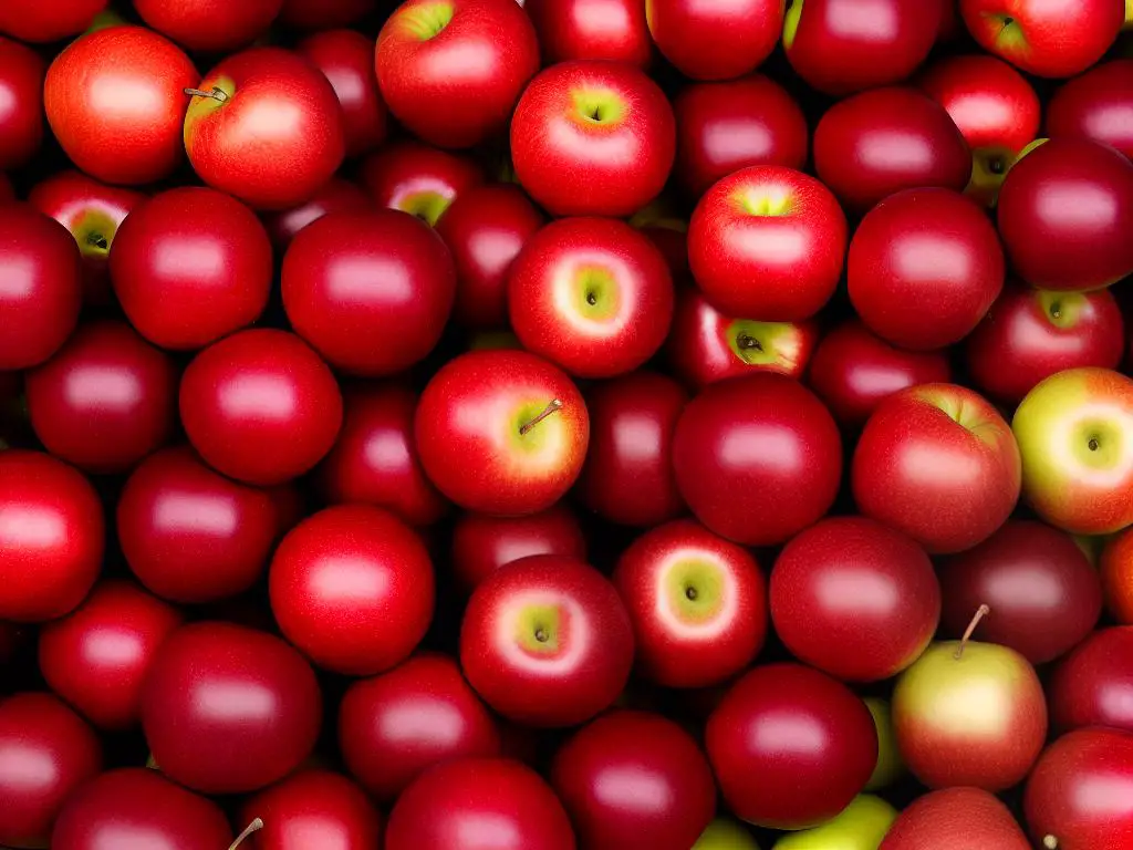 A close-up image of WineCrisp apples with deep red skin and a crisp texture.