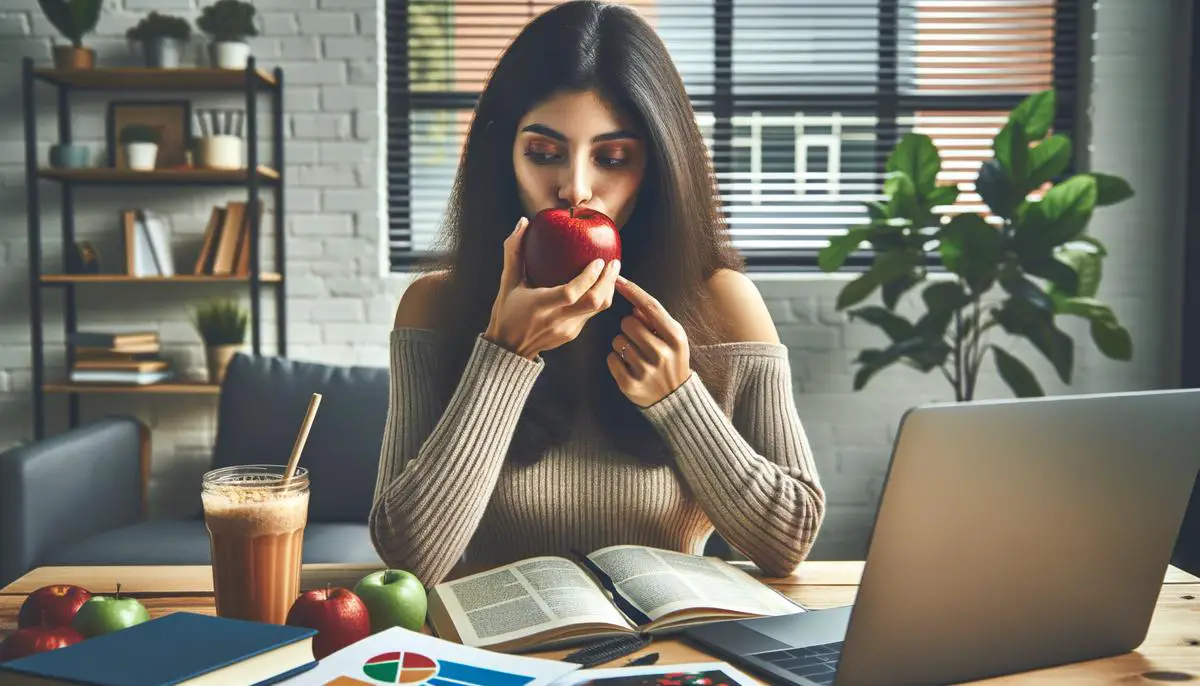 A diverse woman enjoying a fresh apple while working at a desk