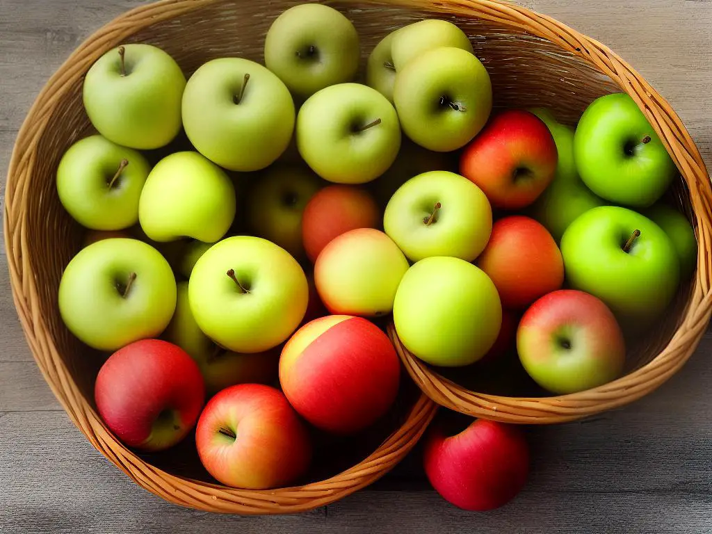 A basket full of various apples, including Golden Delicious, Rome Beauty, Honeycrisp, Granny Smith, Jonathan, Stayman Winesap, and Fuji.