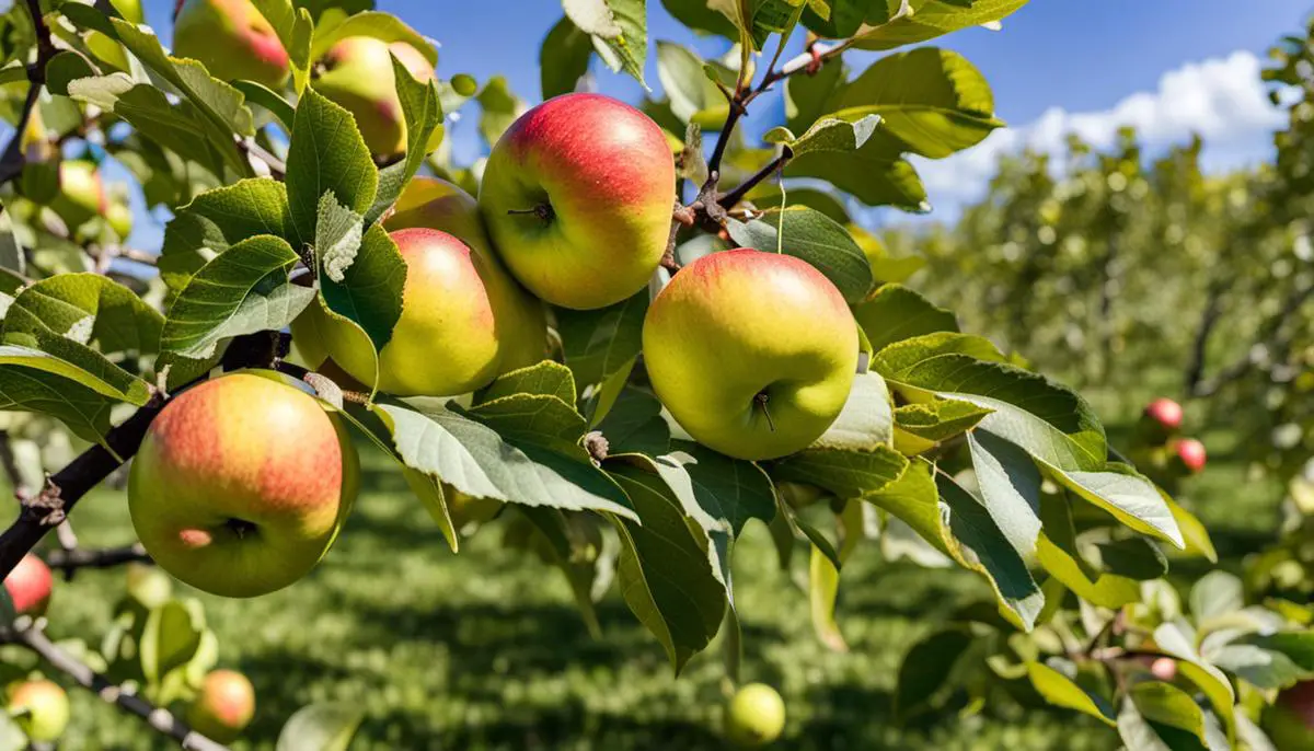 Image depicting yellowing leaves in apple trees, showcasing a nutrient deficiency.