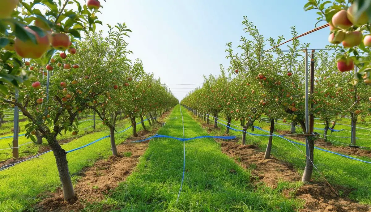 Rows of young apple trees with support structures and drip irrigation systems